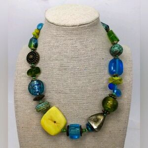 Vintage Treska Blue & Green Glass Beaded Necklace 20"